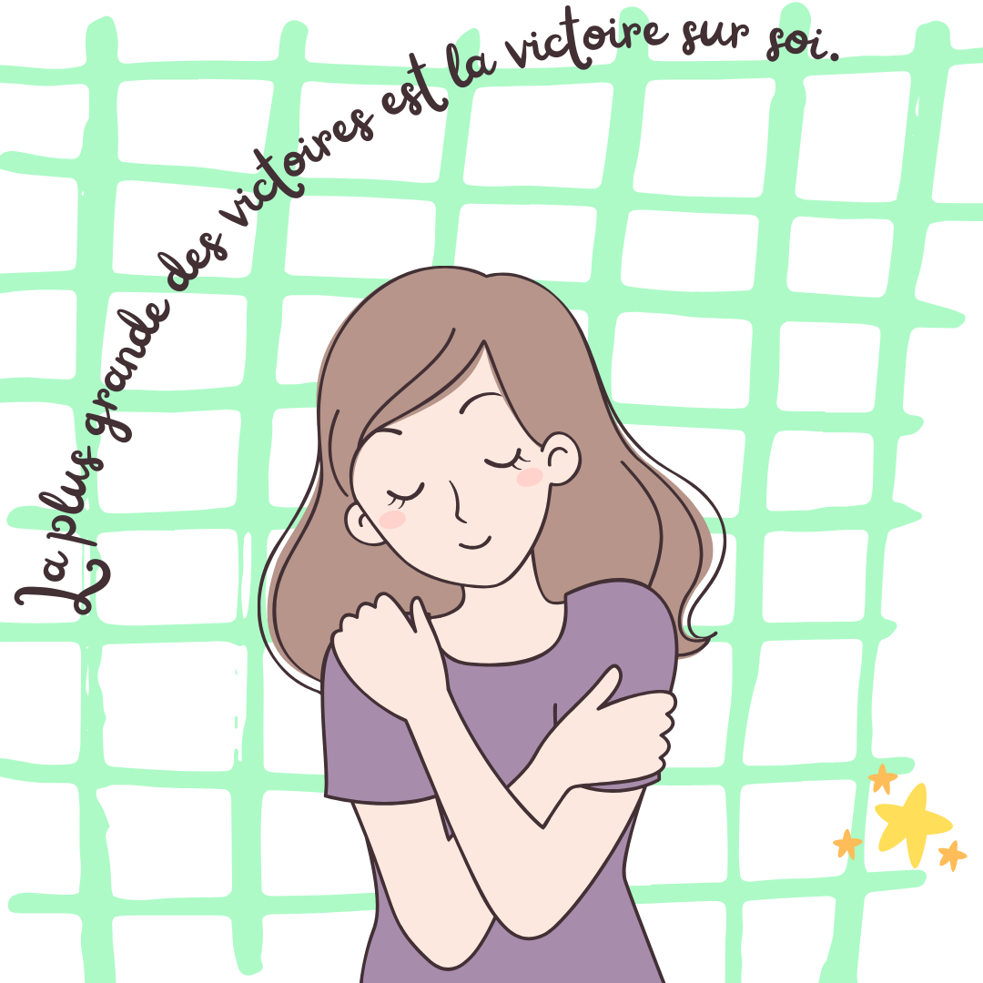 Image d'une personne sereine et heureuse, se tenant devant un grillage doux, symbolisant la libération de ses blocages émotionnels. La citation La plus grande des victoires est la victoire sur soi' renforce l'idée de dépassement de soi et de guérison après des traumatismes.